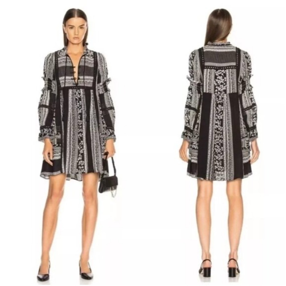 Sea New York Keely Tie-Neck Long-Sleeve Peasant Mini Tunic Dress Black Boho